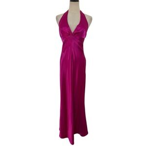 NWT Vtg 90s Hot Pink Halter Evening Gown 3/4 Formal Satin Glam Barbie Fairy Prom